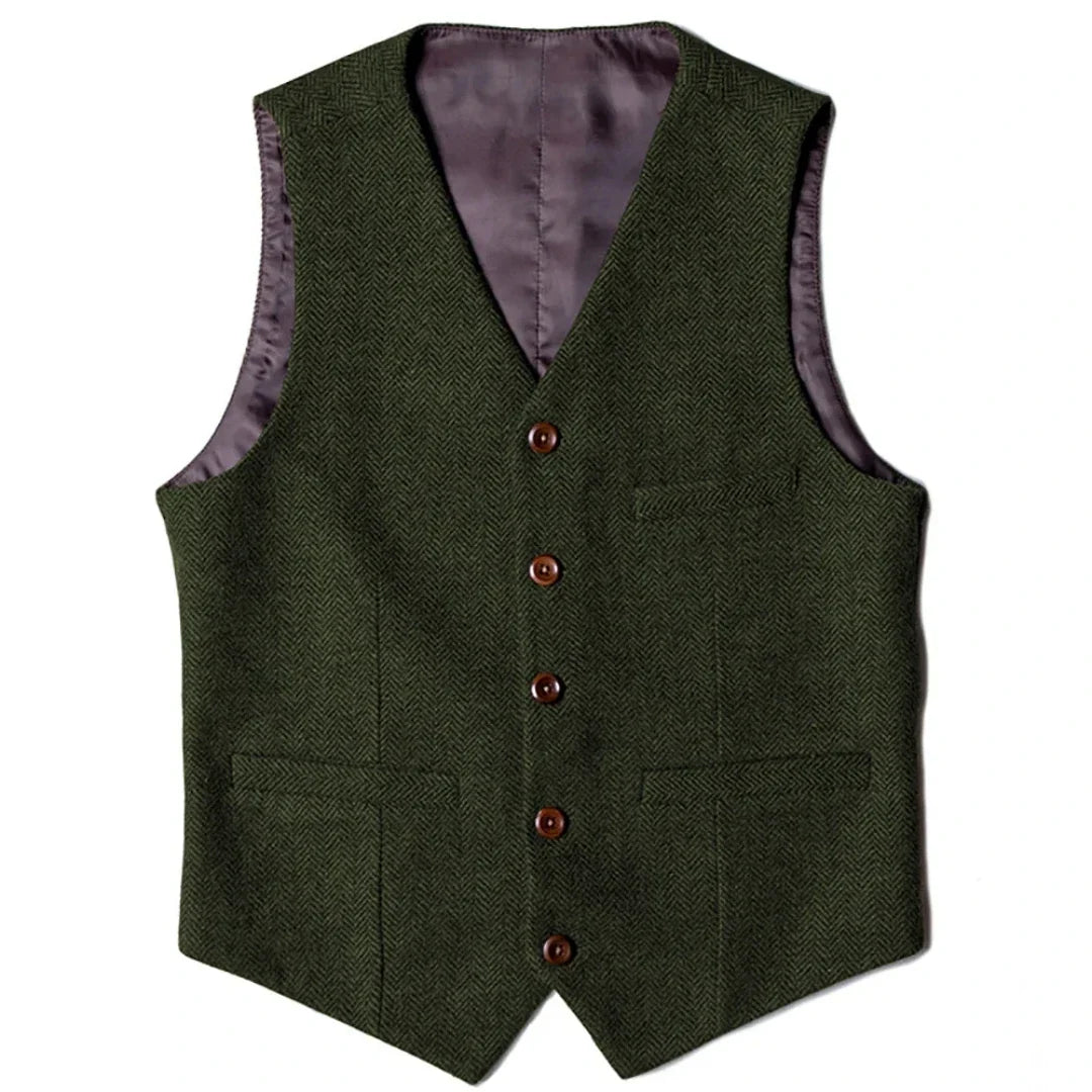Men's Herringbone Vest Single Button V-Neck Waistcoat for Wedding & Business