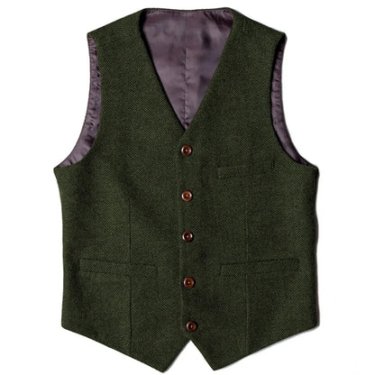 Men's Herringbone Vest Single Button V-Neck Waistcoat for Wedding & Business