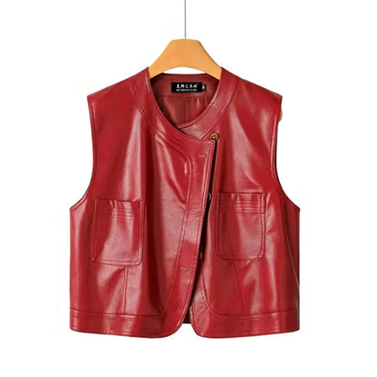 Pu Leather Vest Women Short Sleeveless Jacket 2026 Autumn New Solid Single-breasted Female Imitation Leather Waistcoat Outerwear