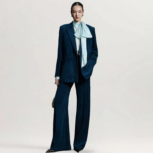 Chic Classic Women's Dark Blue Denim Suit Elegant Evening Party Female Outfit Clothing Formal 2-Piece Jacket Pants Set