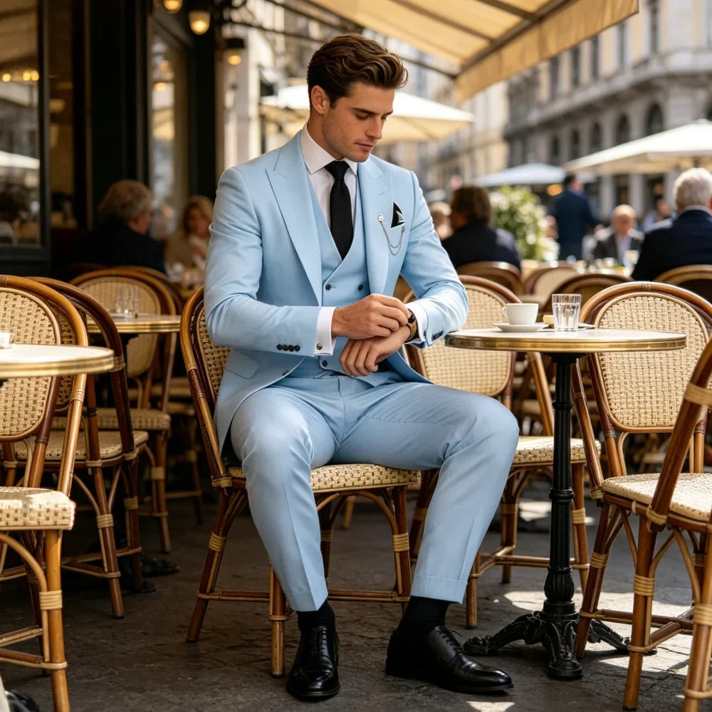Elegante Conjunto de Traje Azul para Hombre de 3 Piezas: Chaqueta, Pantalones y Chaleco, Corte Entallado, Solapa de Muesca, Alta