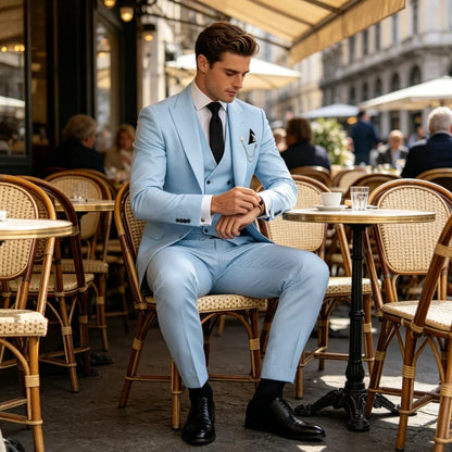 Elegante Conjunto de Traje Azul para Hombre de 3 Piezas: Chaqueta, Pantalones y Chaleco, Corte Entallado, Solapa de Muesca, Alta