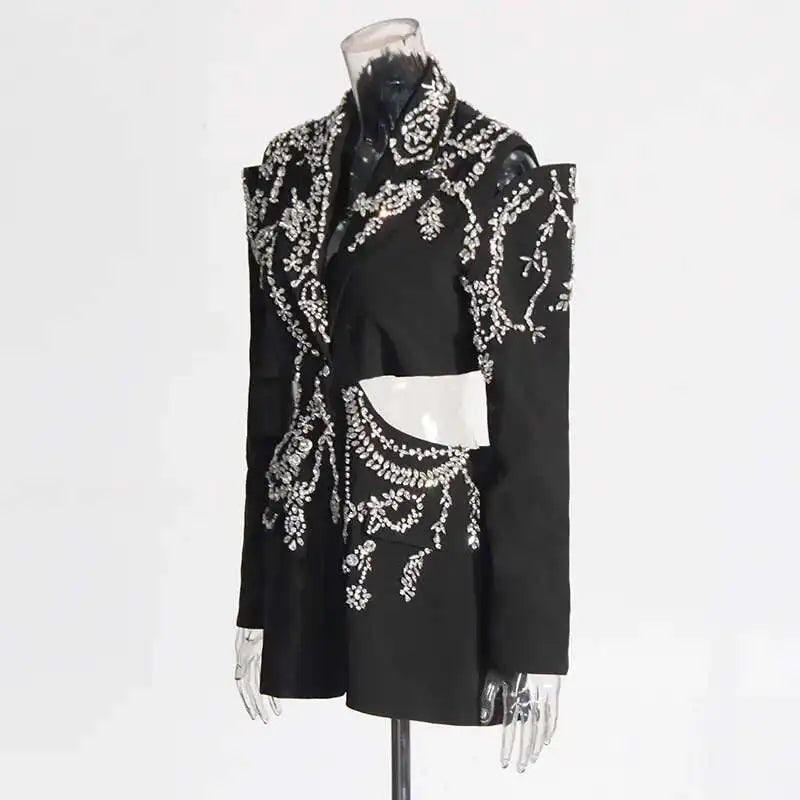 Sexy Stylish Coats 2025 Spring Autumn New Women Diamonds Nail Bead Heavy Waist Exposed High Sense Long Sleeve Blazer HK3760