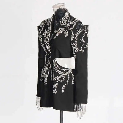 Sexy Stylish Coats 2025 Spring Autumn New Women Diamonds Nail Bead Heavy Waist Exposed High Sense Long Sleeve Blazer HK3760