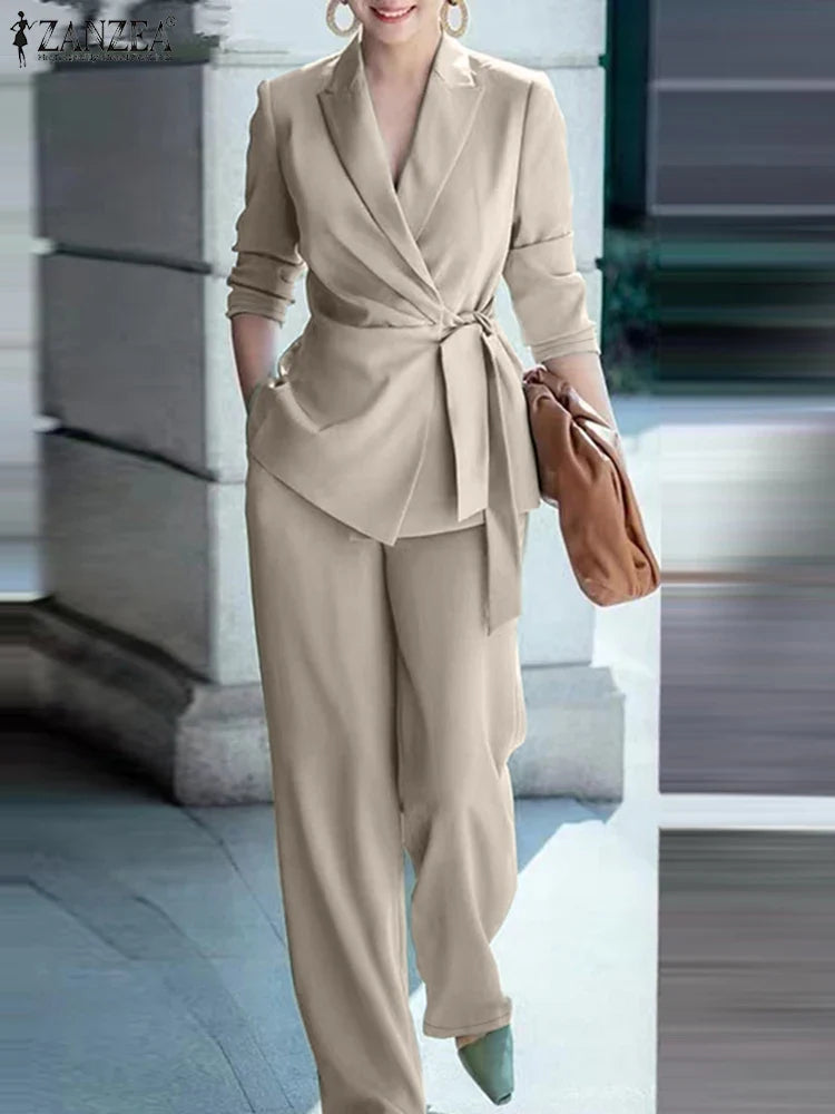 Spring 2pcs Office Women Matching Sets Solid Work OL Blazer Suits Fashion Long Sleeve Shirt Wide Leg Pant Sets Outfit 2026