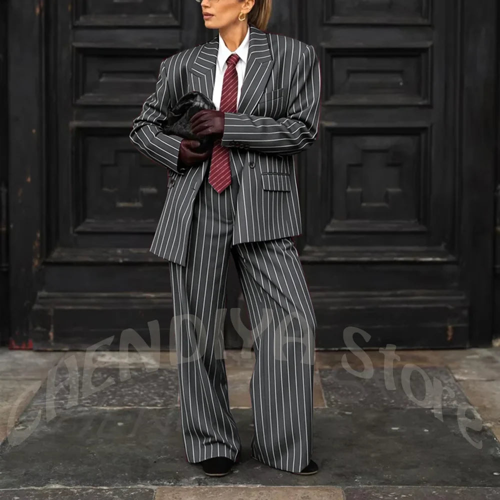 Burgundy Striped Casual Women Suit Two Pieces Jacket Pants Loose Fit Peak Lapel Blazer Set Evening Party Prom Lady Outfit