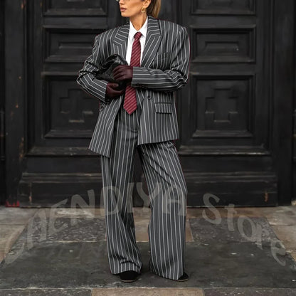 Burgundy Striped Casual Women Suit Two Pieces Jacket Pants Loose Fit Peak Lapel Blazer Set Evening Party Prom Lady Outfit