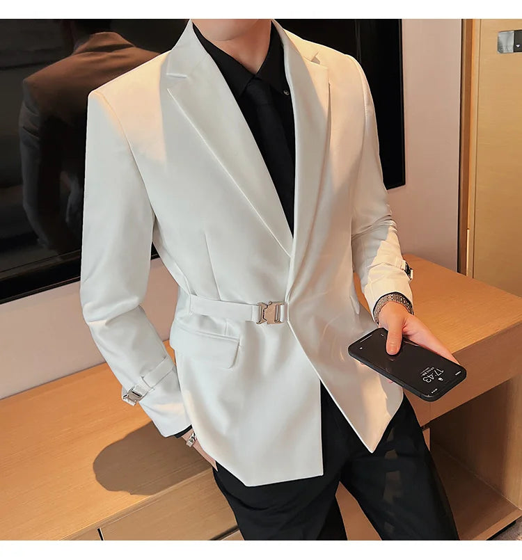 Men's Slim Fit Blazer Metal Buckle Decoration Smart Casual Wedding Party Jacket