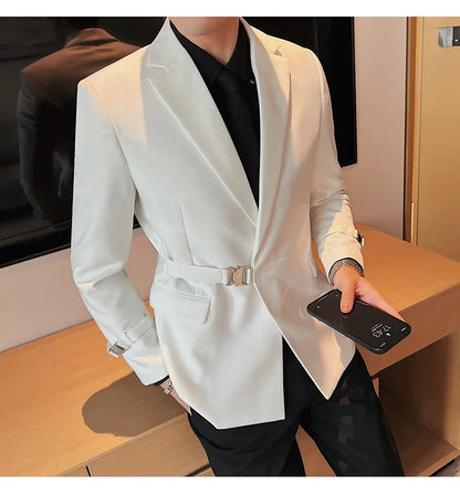 Men's Slim Fit Blazer Metal Buckle Decoration Smart Casual Wedding Party Jacket