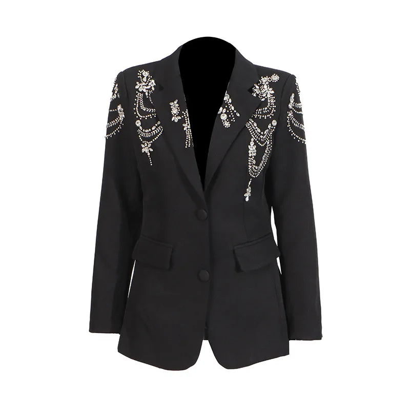 Autumn New Women Stylish Blazer Heavy Craft Beaded Studded Diamonds Single Breasted Elegant Temperament Fashion Coat HK9958