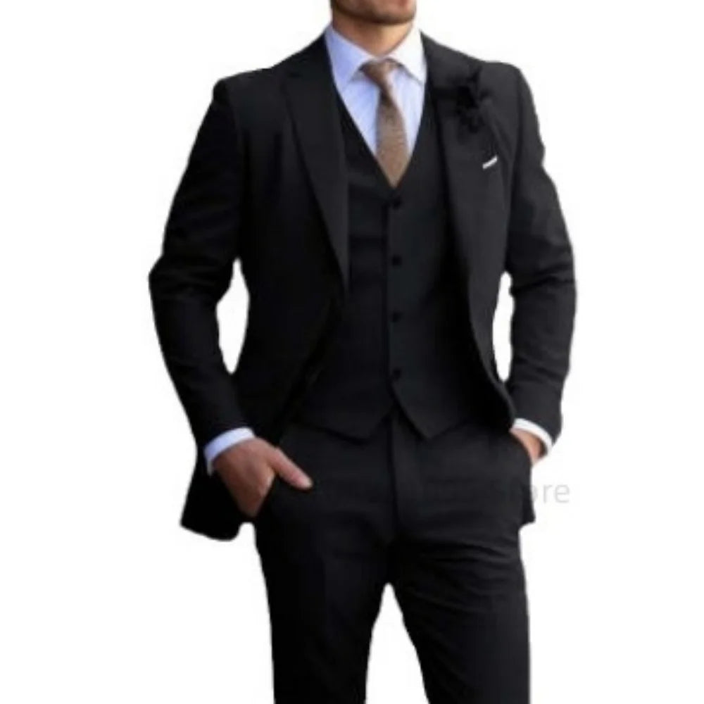 3PCS Formal Solid Men's Suit Set - Wedding Business Party Prom Classic Occasion Jacket Vest Pants Ensemble