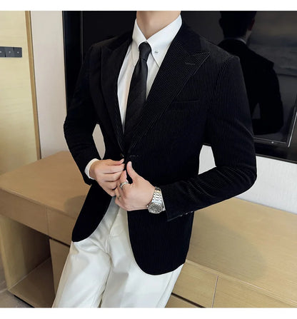 Autumn Winter New Corduroy Striped Suit Jacket Men High Quality Slim Fit Business Social Formal Suit Coats Tailcoat Men Clothing