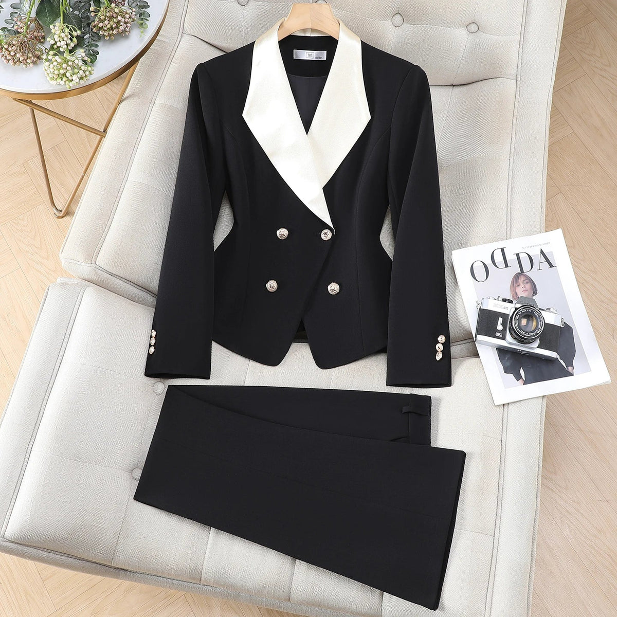 Elegant Chic Hit Color Blazer Pants Set for Woman 2 Pieces Sets Autumn Office Lady Work Jacket Coat and Trousers Suit White