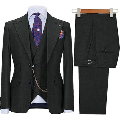 Men Suit Black 3 Pieces With Lapel Solid Color Business Casual For Wedding Groom Formal Work Tuxedo Jacket Vest With Pants