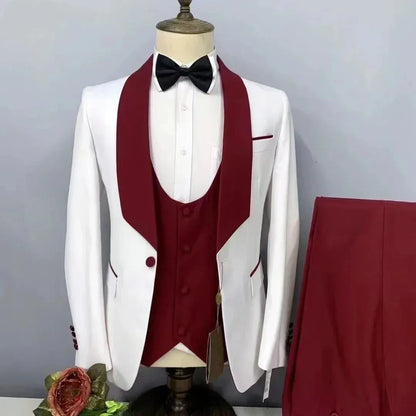 Custom White And Burgundy Wedding Men Suits Fashion Slim Fit Blazer Set Groom Tuxedo Trajes Elegante Para Hombres 3 piece