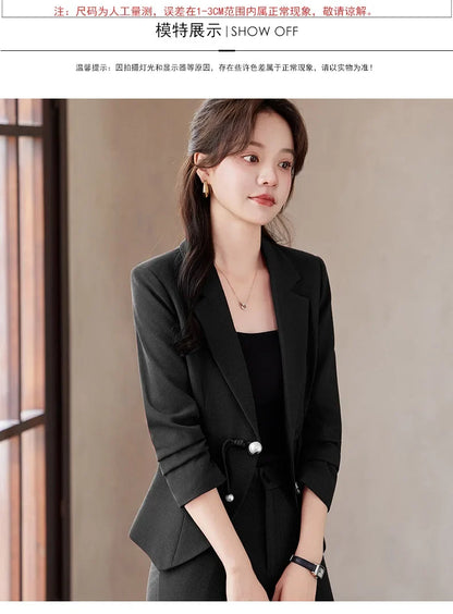 Elegant National Style Buckle Pants Suit  2024 Autumn New Professional Temperament Slim Blazer And Pants Office Ladies Work Wear