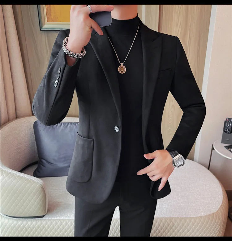 2024 Autumn Winter Men's Suede Suit Jacket High End Business Casual Blazers Slim Fit Wedding Groom Street Wear Social Dress Coat
