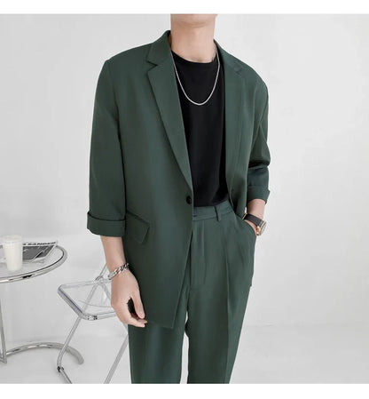2022 Fashion Summer 2-piece Set Solid Color Single-breasted Casual Simple Student Wear Homme Loose Suits Wear (Blazers + Pants)