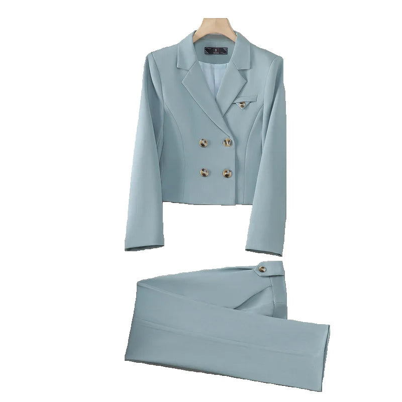 Spring Autumn Solid Women Suits Office Sets 2024 New Fashion Double Breasted Short Blazers Casual High Waist Pencil Pants Suits