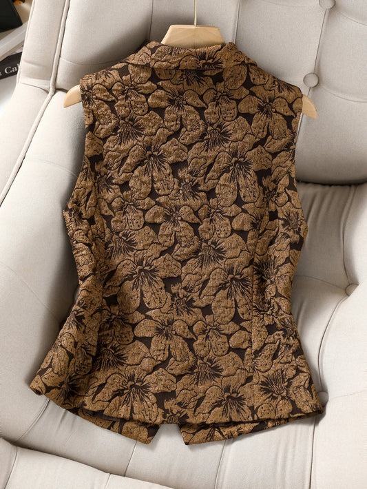 Women's Sleeveless Jacquard Blazer Vest, Vintage Floral Print Button Down Waistcoat, Elegant Brown Suit Vest for Layering