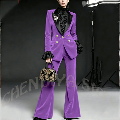 Wine Red Women Suit Stylish Velvet Elegant Outfit Peaked Lapel Blazer Pants Evening Party Prom Female Clothing Two Pieces