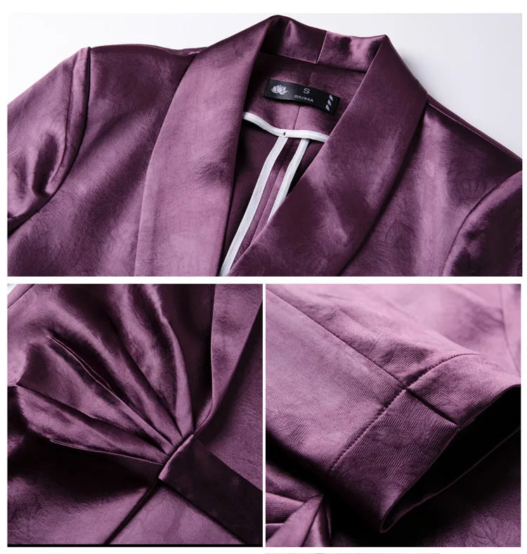 Designer Splicing Women Senior Luxurious Blazer Suit Pants Set Soft Satin Silk Office Lady Solid Coat Big Size Elegant Jacket