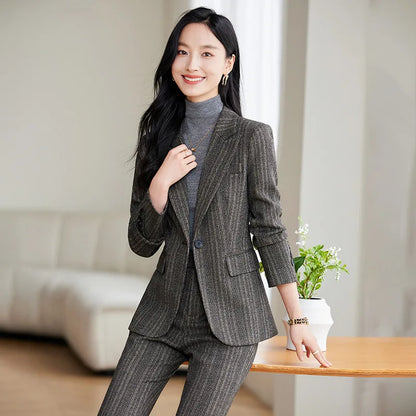 Gray Coffee Striped Ladies Formal Pant Suit Set Women Female Business Work Wear Long Sleeve 2 Piece Blazer Jacket And Trouser