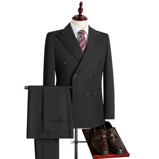 Men's Double Breasted Ice Silk Three-Piece Suit – Slim Fit Smart Casual Set for Wedding & Business