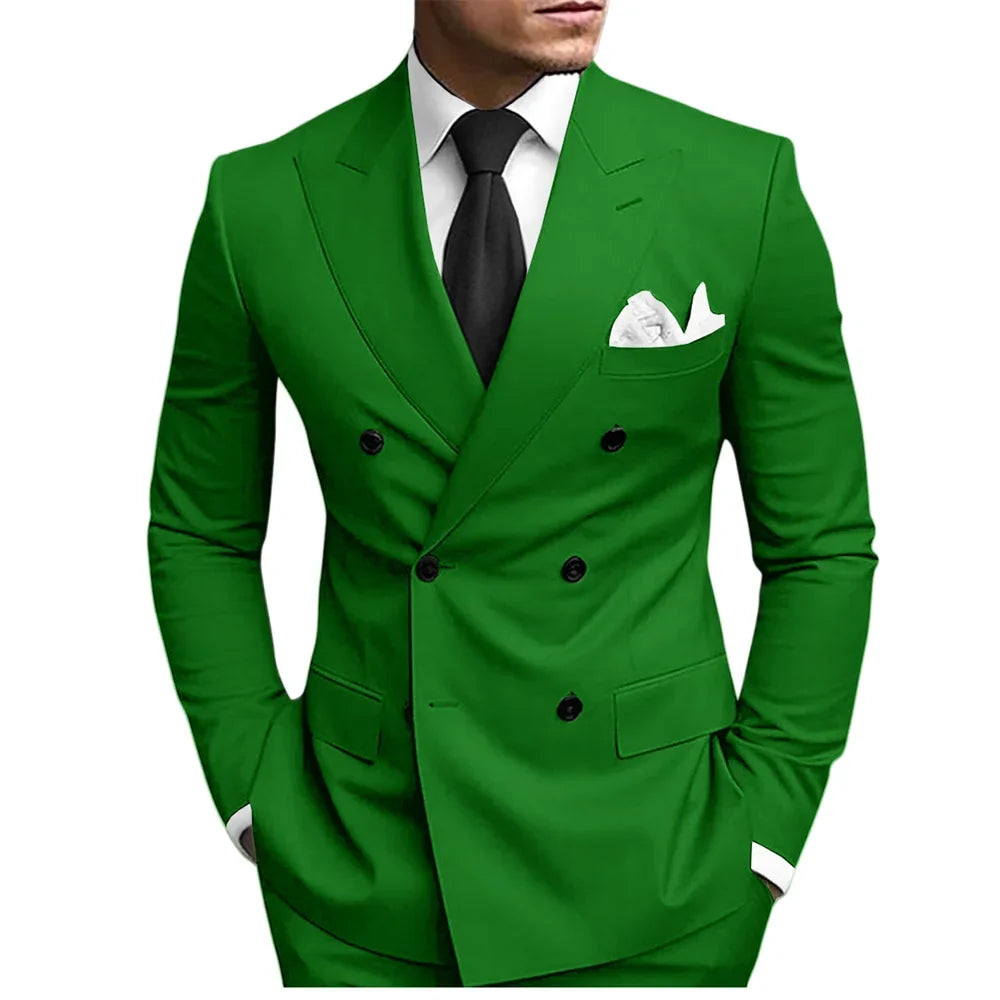 Classic Solid Suit Set 2 Pieces Jacket Pants For Men Wedding Groom Sets Double Breasted Men's Suits Banquet Tuxedo Wear XS-5XL