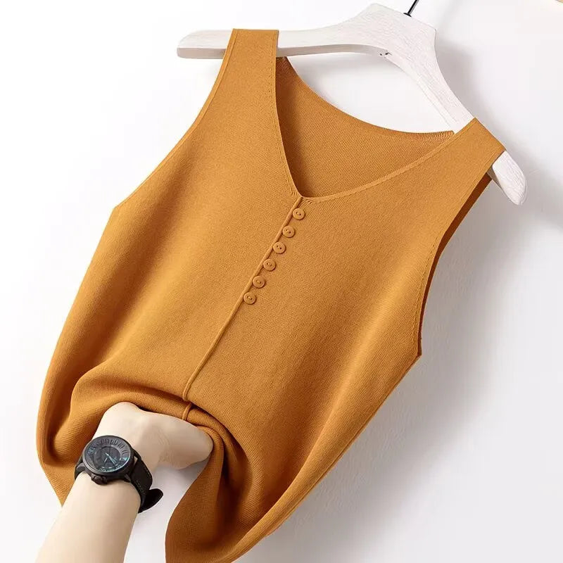 Summer Women's Tank Top Silk V-neck Wide Shoulder Strap Color Knitted Shirt Sleeveless Top Student Ice Silk Vest