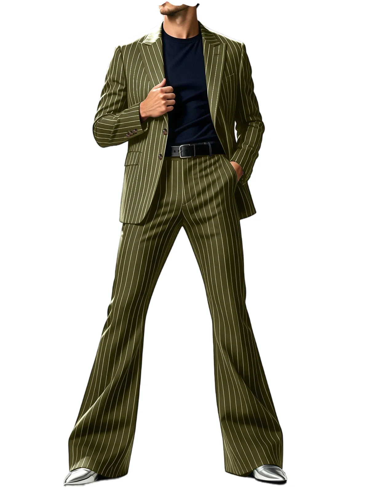 Men's Suit 2-Piece Slim Fit Pinstripe Blazer & High Waist Flared Pants for Business Casual and Formal Occasions