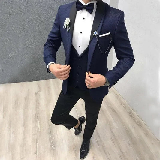 Custom Made Navy Blue Wedding Suits For Men Slim Fit Prom Party Suits Groom Tuxedos 3 Pieces Formal Men Suits Jacket+Pants+Vest