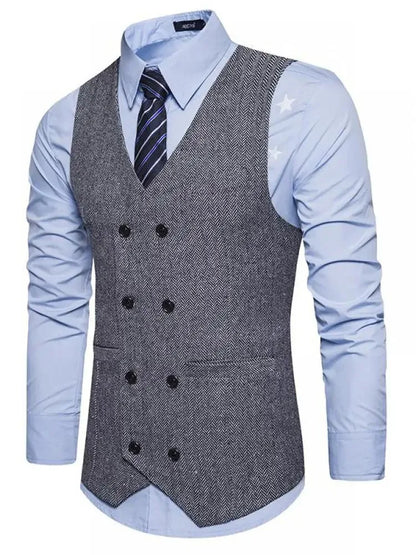 Men's Herringbone Vest Double Breasted Slim Fit Waistcoat for Weddings and Formal Occasions