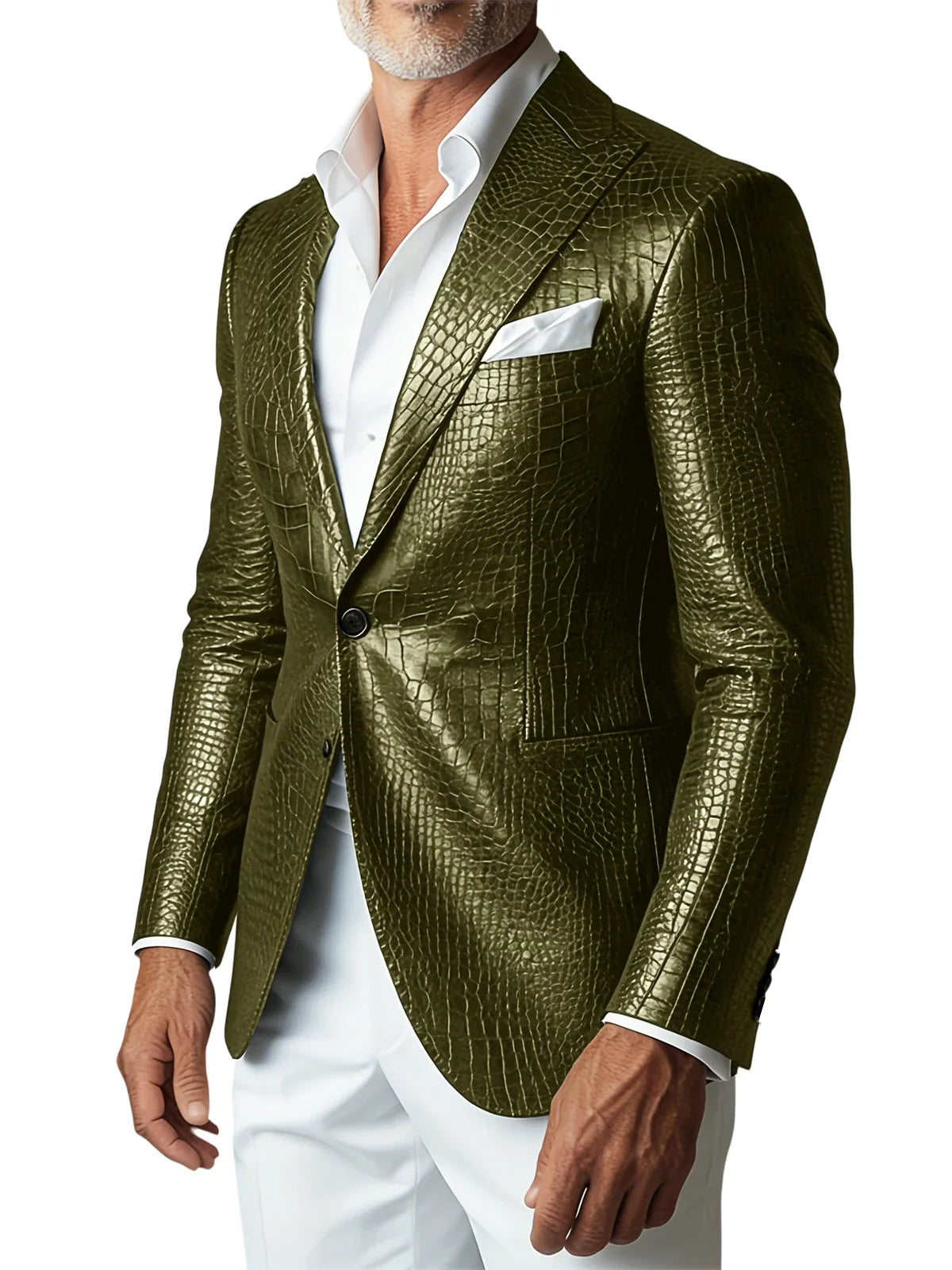 Men's Crocodile PU Leather Blazer Jacket Vintage Single Breasted Suit Coat Fashion Party Wedding Business Casual Outerwear