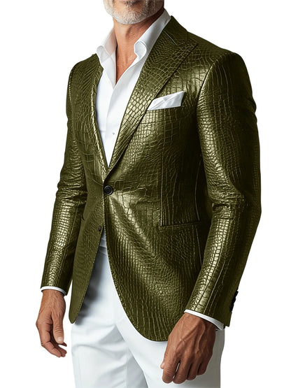 Men's Crocodile PU Leather Blazer Jacket Vintage Single Breasted Suit Coat Fashion Party Wedding Business Casual Outerwear