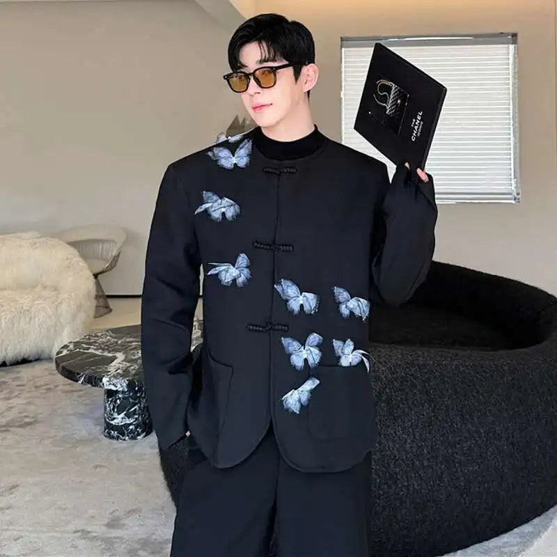 Personality Movable Butterfly Decoration Runway Suit Jackets Handsome Classy Collarless Men's Design Trendy Blazer LZ6063