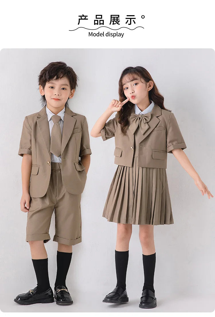Child School Uniform Girls Korean Jacket Pleated Dress Summer Outfits Boys Blazer Formal Suits Shorts Kids Student Clothes Sets