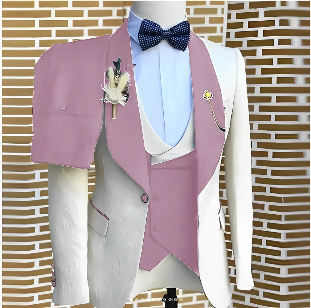 White Jacquard Elegant suits Men For Wedding Formal Jacket Vest Pants 3 Pieces Groomsman Tuxedos Tailored Male Fashion Clothing