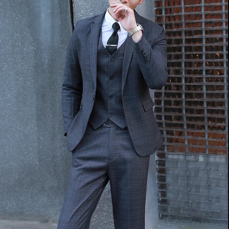 Men's Autumn Winter Trendy Three-Piece Suit Set Slim Fit Stylish Vest Trousers Ensemble Handsome Personality Wardrobe Essential