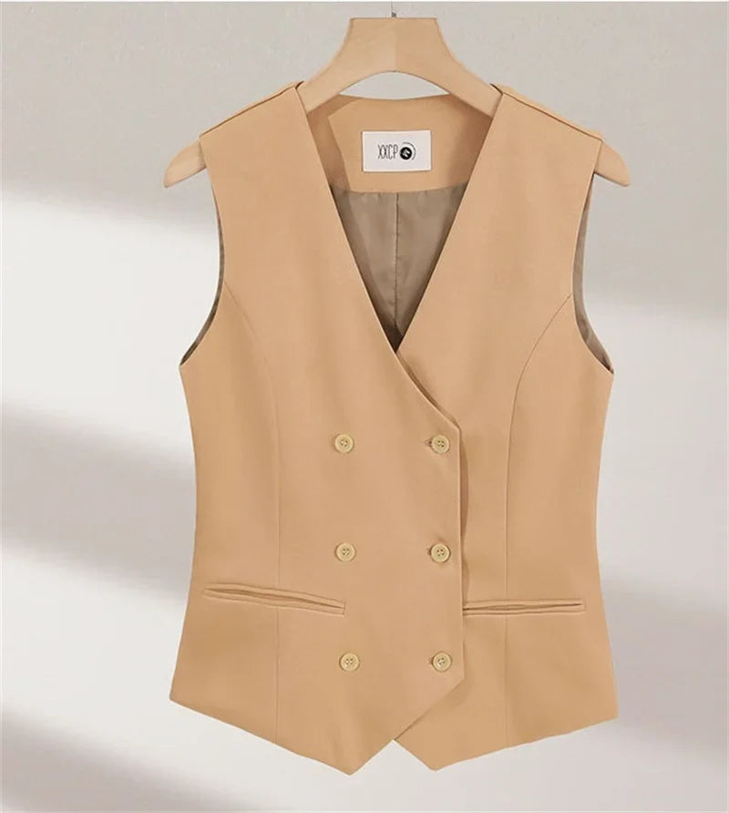 2025 Summer V-Neck Vest Women Thin Loose Waistcoat Double-breasted Sleeveless Blazer Female Slim Short Vest Femme Slim Buttons