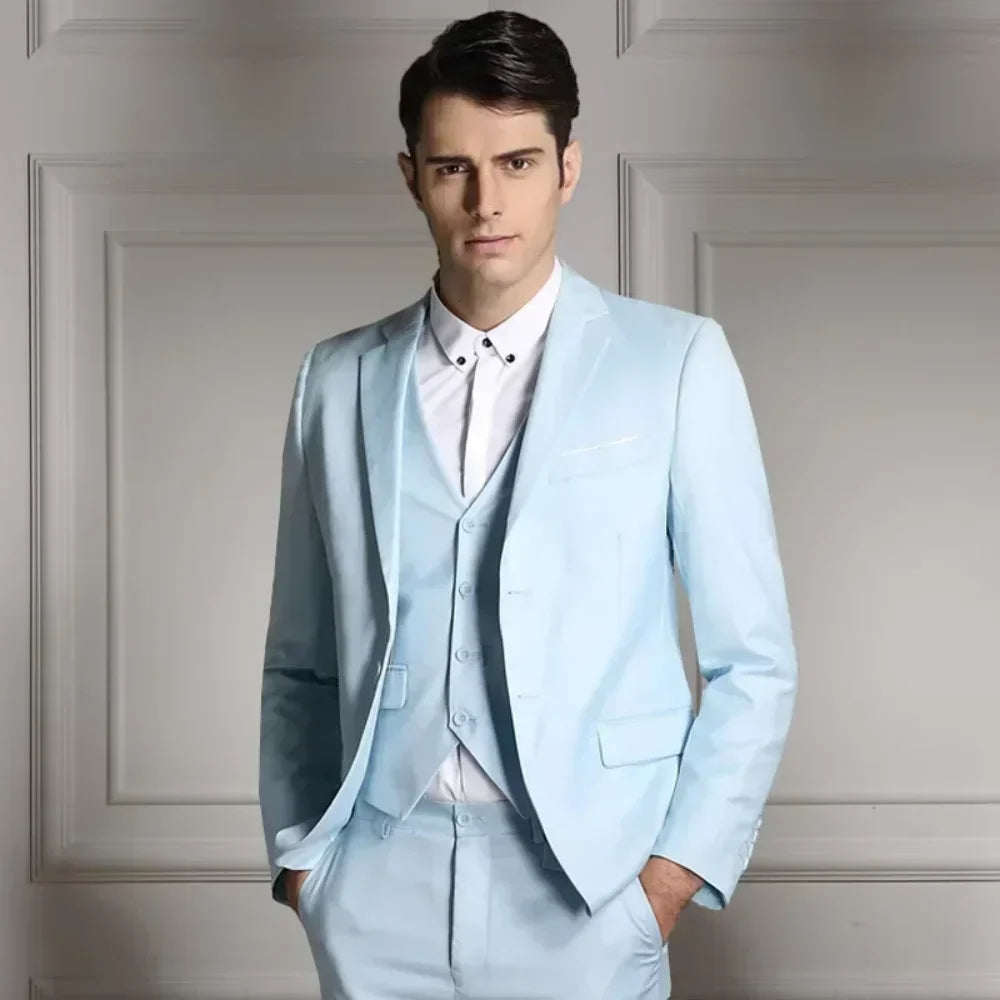 Men's 3-Piece Slim Fit Suit – Single-Breasted Blazer, Vest & Trousers in Blue for Banquets & Weddings