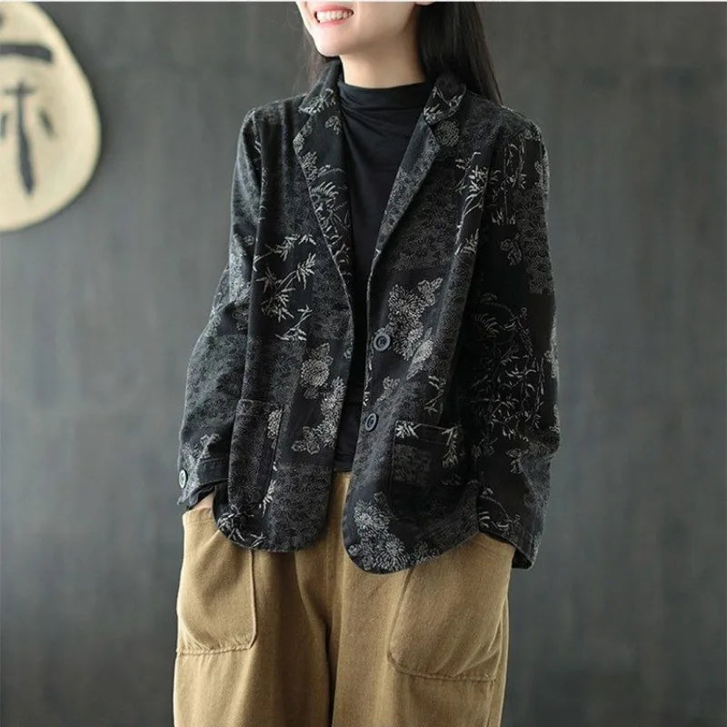 Women's Retro Chinese Style Denim Jacket Bamboo Flower Print Casual Loose Single Breasted Jean Blazer Women Vintage Outerwear