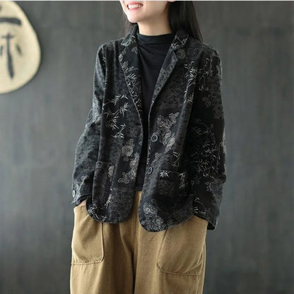 Women's Retro Chinese Style Denim Jacket Bamboo Flower Print Casual Loose Single Breasted Jean Blazer Women Vintage Outerwear