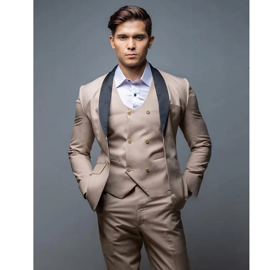 Men Suit Black Shawl Lapel Jacket Pants Vest Three Piece Single Breasted Wedding Champagne Fashion Business Slim Fit Spring