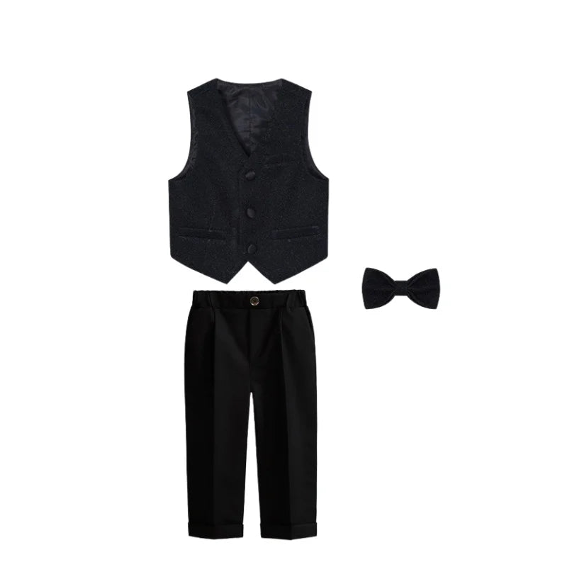 Spring Autumn Kids Blazer Vest Pants Bowtie 4Pieces Outfit Boy Birthday Party Wedding Host Piano Performance Costume