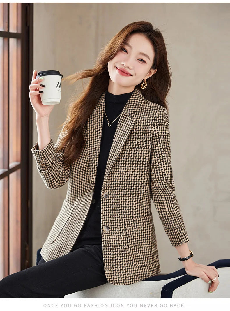 Women Office Ladies Single Breasted Slim Blazer Coat Autumn Winter Fashion Plaid Temperament Long Sleeved Elegant Tops Vacation