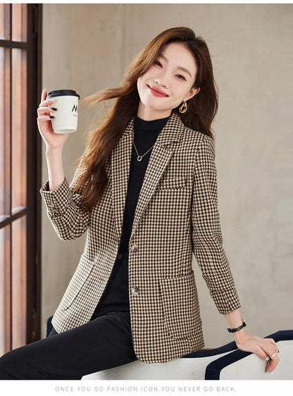 Women Office Ladies Single Breasted Slim Blazer Coat Autumn Winter Fashion Plaid Temperament Long Sleeved Elegant Tops Vacation