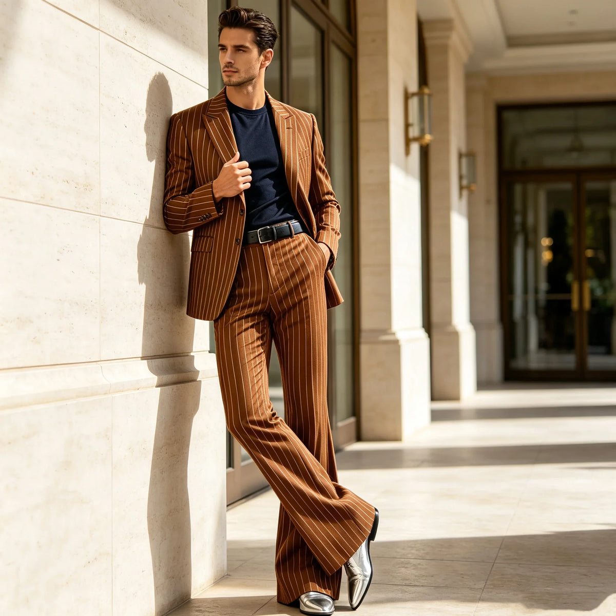 Men's Suit 2-Piece Slim Fit Pinstripe Blazer & High Waist Flared Pants for Business Casual and Formal Occasions