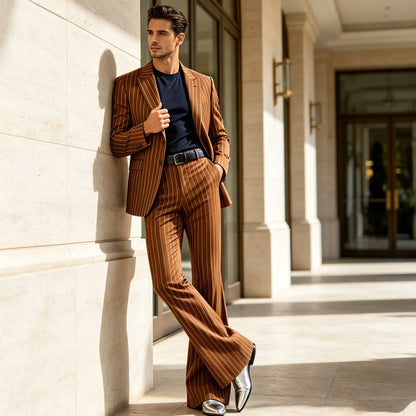 Men's Suit 2-Piece Slim Fit Pinstripe Blazer & High Waist Flared Pants for Business Casual and Formal Occasions