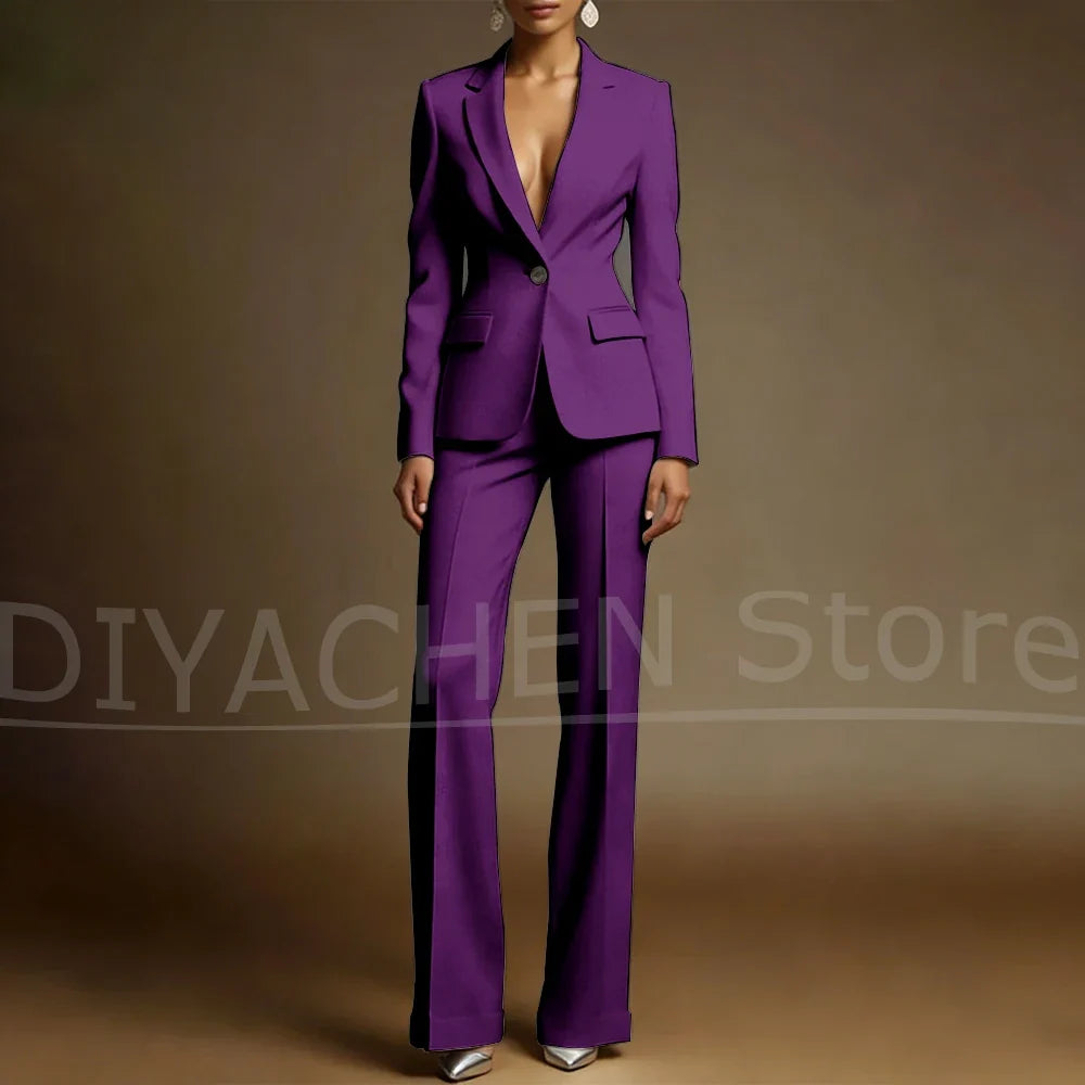 Women's White Suit Set Slim Fit Two Piece Jacket and Wide Leg Pants Office Casual Formal Occasions Elegant Female Outfit